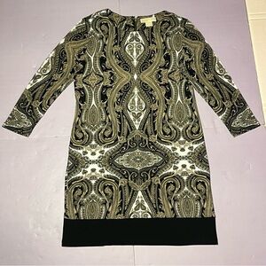 MICHAEL Michael Kors 10 Long Sleeve Midi Dress Ornate Paisley Motif Black Gold